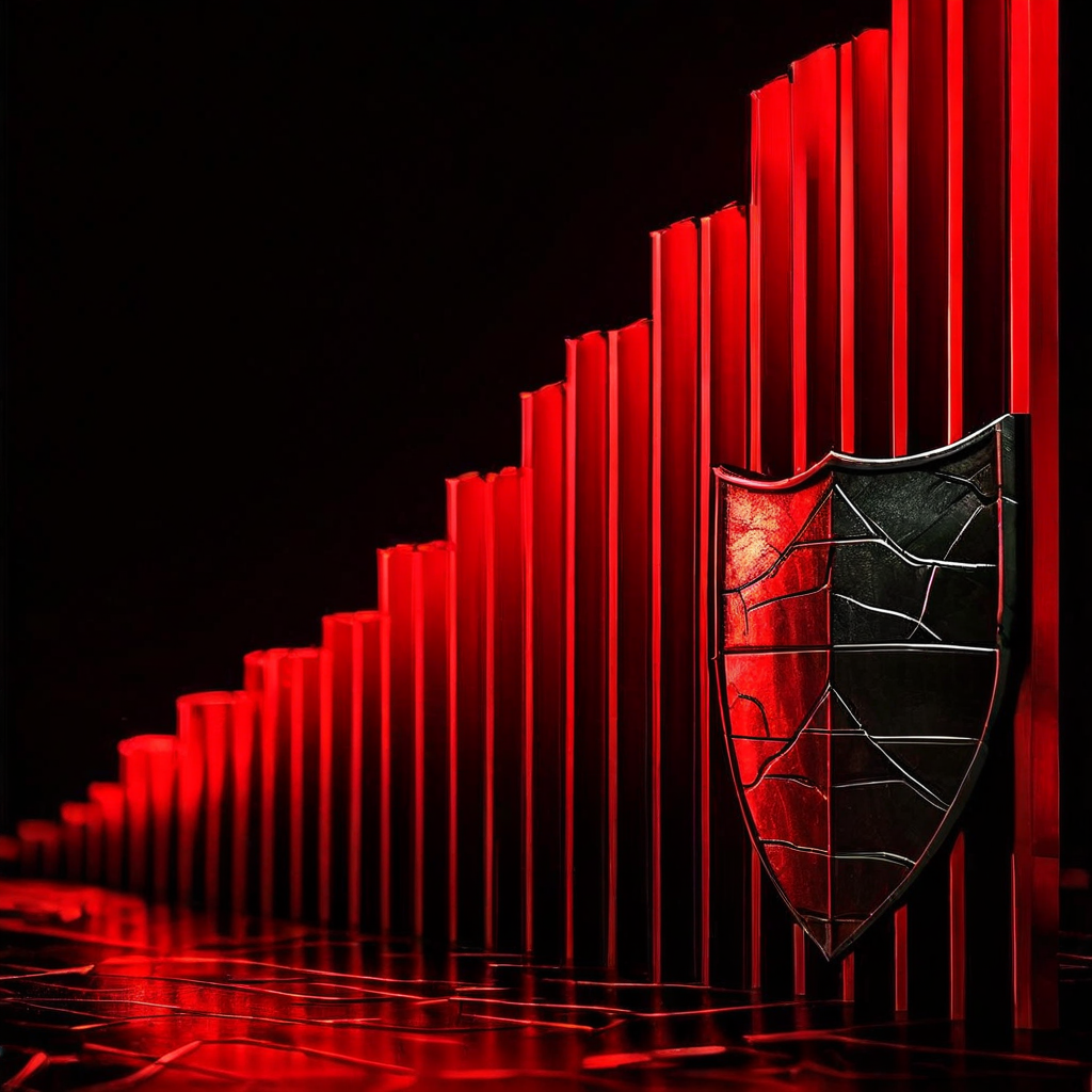 시스템 전략의 한계를 상징하는 깨진 방패가 그려진 그래프로, 연속 하락을 나타내는 10개의 빨간 막대 이후 11번째에서 방패가 파괴되는 모습을 표현합니다.