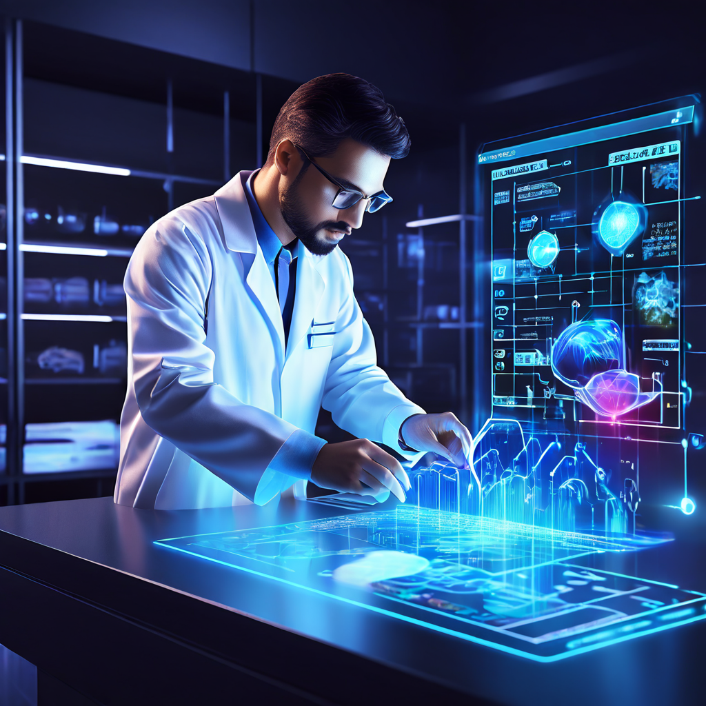 3번째 이미지는 실험실 환경에서 과학자가 홀로그램 사용자 인터페이스를 정밀하게 평가하며 세부 기준 목록과 대조 검증하는 모습을 담고 있습니다.