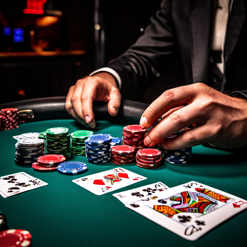 포커 테이블에서 사이드 베트 칩 더미를 손으로 고민하며 가리키는 플레이어와 배경의 전략 플로우차트가 포커 승률 향상을 위한 고급 전술 계획을 구체적으로 보여주는 이미지입니다.