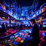 데이터 분석가가 복잡한 바카라 데이터 흐름도를 분석하며 화려한 네온사인이 빛나는 마카오 카지노의 야경 위에 투영하는 모습을 담은 이미지입니다.