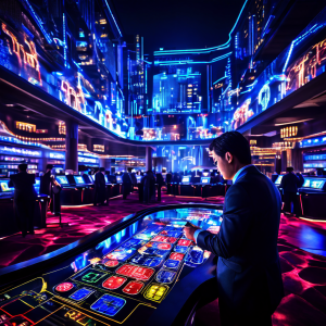 데이터 분석가가 복잡한 바카라 데이터 흐름도를 분석하며 화려한 네온사인이 빛나는 마카오 카지노의 야경 위에 투영하는 모습을 담은 이미지입니다.