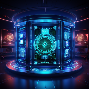 라이브 카지노 영상 데이터가 암호화 기호로 둘러싸인 디지털 금고 안에서 안전하게 전송되는 과정을 시각적으로 표현한 보안 개념 이미지입니다.