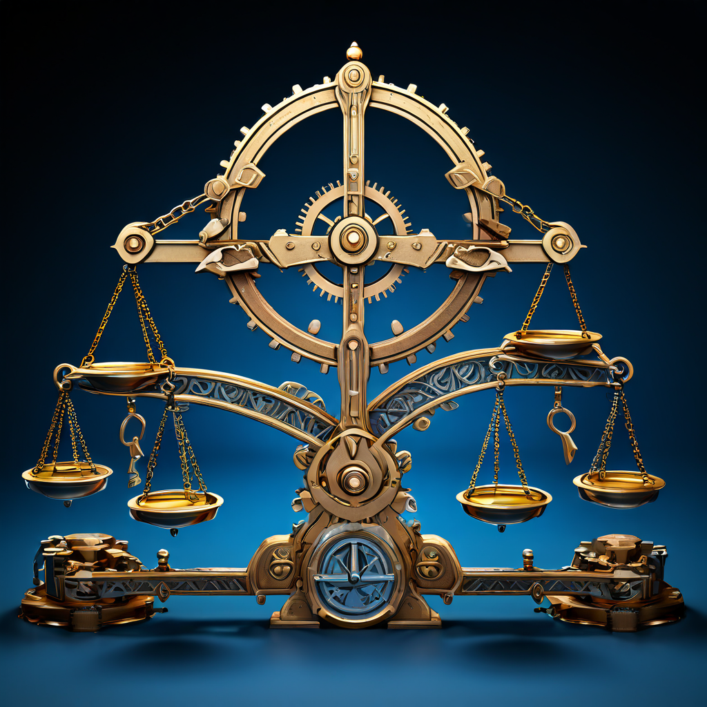 기술 숙련도 게이지와 균형 잡힌 저울을 연결하는 정신적 기어 체인이 개념적 다리를 형성하며 역량과 공정한 평가의 상관관계를 상징적으로 보여주는 다이어그램 이미지입니다.