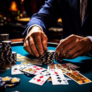 블랙잭 전략 다이어그램 위에서 딜러의 손이 카드를 교체하며 게임의 흐름과 최적의 플레이 전략을 미묘하게 변화시키는 장면을 묘사한 이미지입니다.