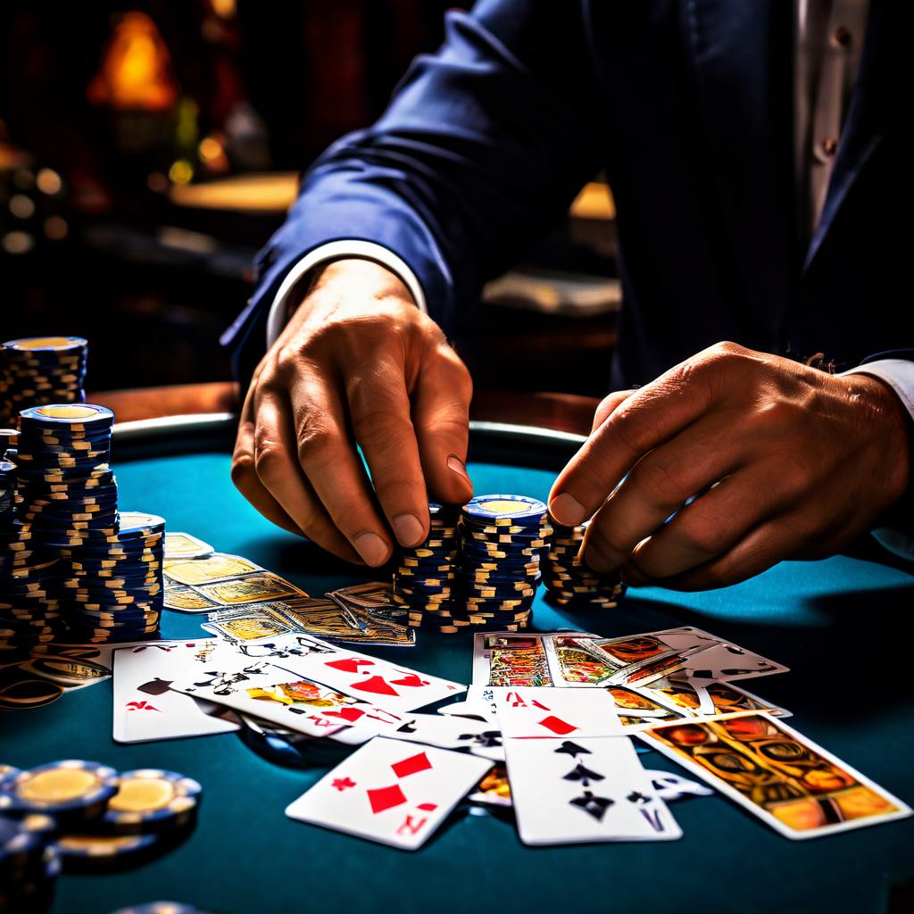 블랙잭 전략 다이어그램 위에서 딜러의 손이 카드를 교체하며 게임의 흐름과 최적의 플레이 전략을 미묘하게 변화시키는 장면을 묘사한 이미지입니다.