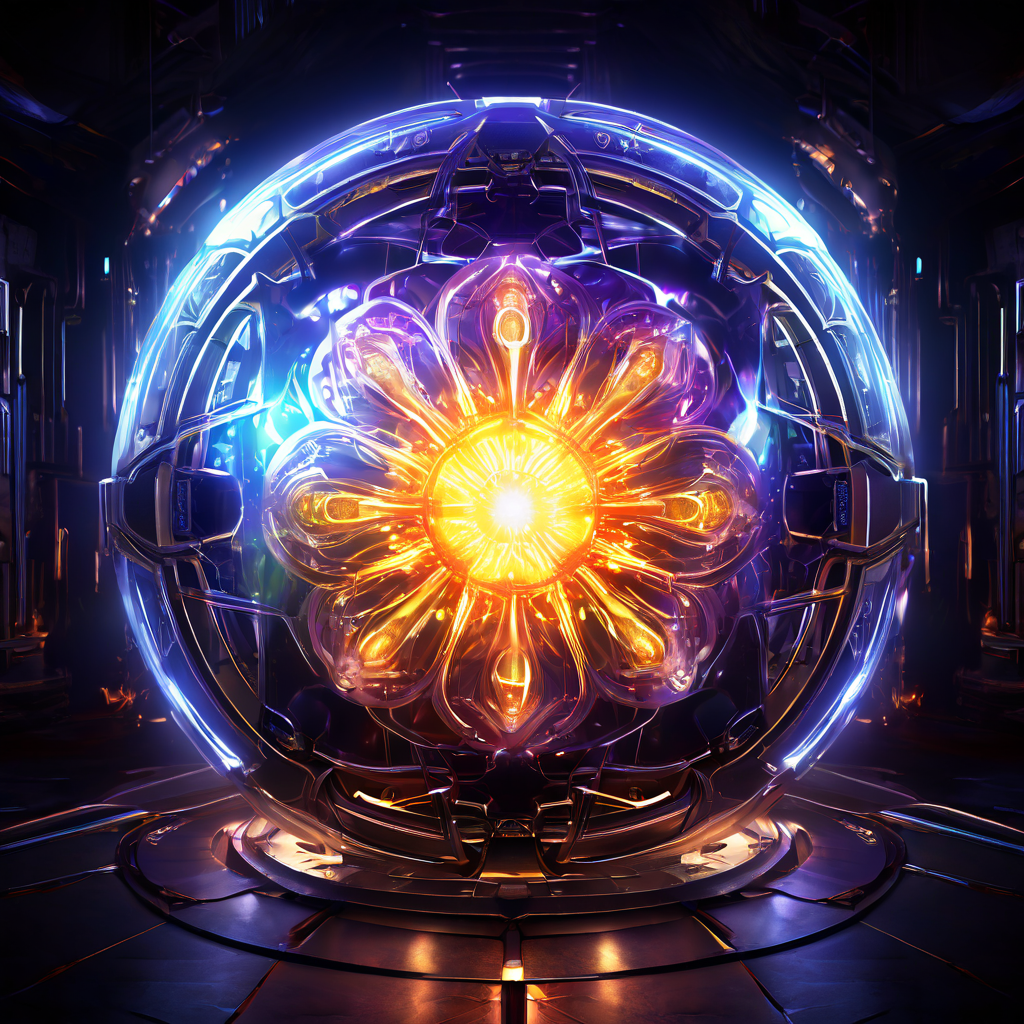 복잡하고 안전한 기계 내부에서 고유한 에너지장을 발산하며 주변 경쟁 구조물을 밀어내는 빛나는 코어를 상징적으로 표현한 이미지입니다.