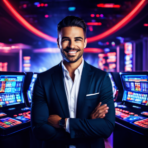 라이브 카지노 딜러의 친근한 미소와 최고치를 가리키는 신뢰도 측정기가 실시간 데이터 스트림으로 연결되어 플랫폼의 투명성과 안전성을 시각적으로 보여주는 다이내믹한 분할 이미지입니다.