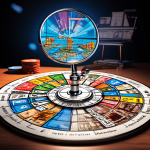 진화 모노폴리 게임 보드 위에 놓인 돋보기가 애니메이션된 보너스 게임 휠과 확률 및 지급 구조를 보여주는 원형 차트를 분석하고 있는 모습을 담은 이미지입니다.