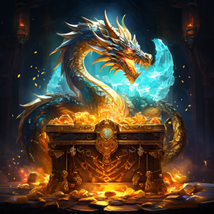 불과 얼음을 내뿜는 위엄 있는 다중 머리 드래곤 신이 반짝이는 보석과 금화로 가득 찬 빛나는 보물 상자를 지키고 있는 판타지 컨셉 아트 작품입니다.