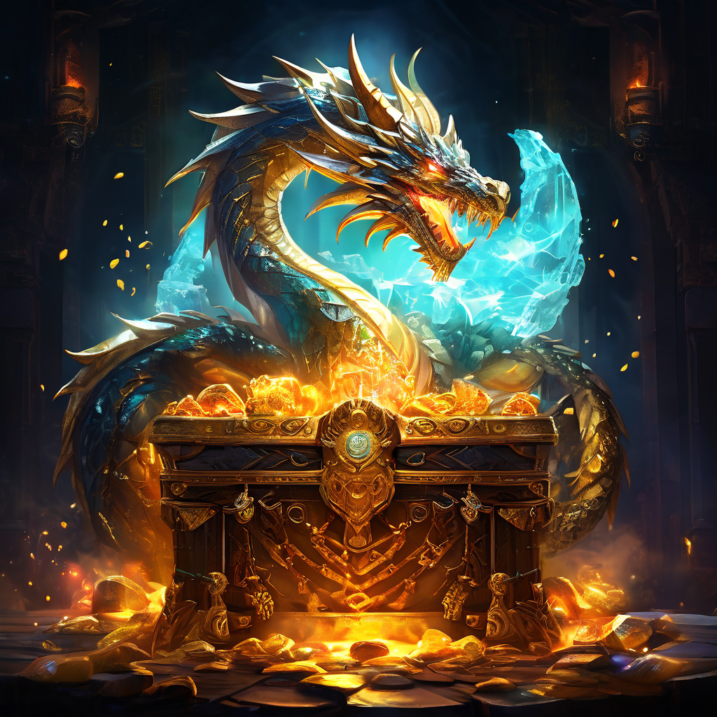 불과 얼음을 내뿜는 위엄 있는 다중 머리 드래곤 신이 반짝이는 보석과 금화로 가득 찬 빛나는 보물 상자를 지키고 있는 판타지 컨셉 아트 작품입니다.