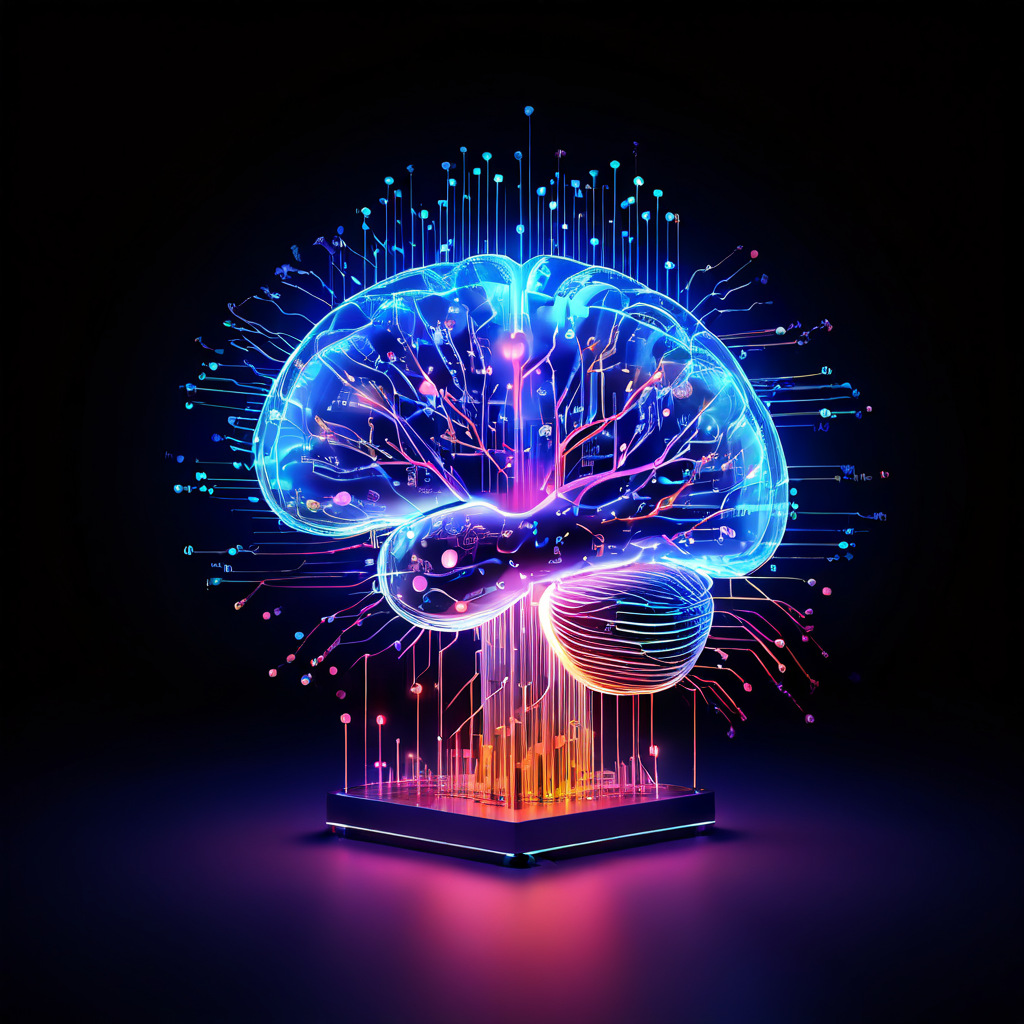 데이터 스트림과 기어로 형상화된 빛나는 두뇌가 3D 막대 그래프를 분석하며, 통찰력에서 전략적 화살표와 아이디어의 순간들이 발현되는 개념적 이미지입니다.