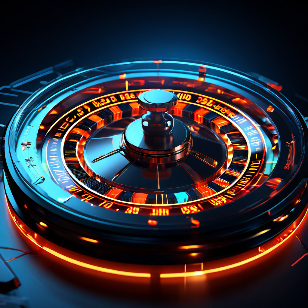 투명하고 완벽하게 균형 잡힌 빛나는 코어 메커니즘을 가진 디지털 룰렛 휠의 클로즈업으로, 편향되지 않고 암호학적으로 안전한 알고리즘의 개념을 상징적으로 표현하고 있습니다.
