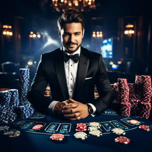 숙련된 라이브 카지노 딜러가 정장을 차려입고 카드와 칩을 자신 있게 다루며, 플레이어 참여도와 만족도 상승을 나타내는 시각적 그래프가 오버레이된 모습을 보여줍니다.