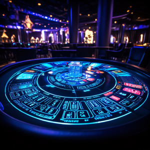 라이브 카지노 테이블 위에 투명하게 빛나는 데이터 오버레이가 실시간 통계와 카드 확률 정보를 보여주며 디지털 기술이 결합된 현대적인 게임 환경을 묘사합니다.