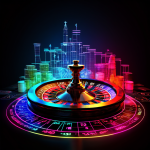 바카라에서 내추럴 8 또는 9가 나올 확률을 통계적 관점에서 설명하며, 빛나는 룰렛 휠과 막대 그래프가 수학 공식 배경 위에서 결합된 개념 이미지입니다.