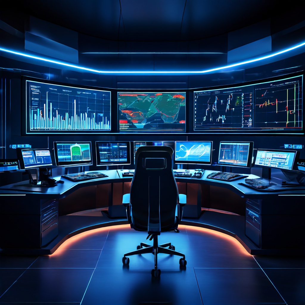 복잡한 금융 데이터 그래프와 리스크 분석 대시보드가 안정적으로 표시된 여러 화면으로 구성된 미래형 오피스 통제실의 모습을 보여줍니다.
