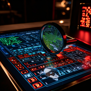 디지털 바카라 테이블 인터페이스에서 커미션 계산 오류를 발견하고 확대경으로 집중적으로 조사하는 기술적 분석 과정을 상세히 보여주는 이미지입니다.