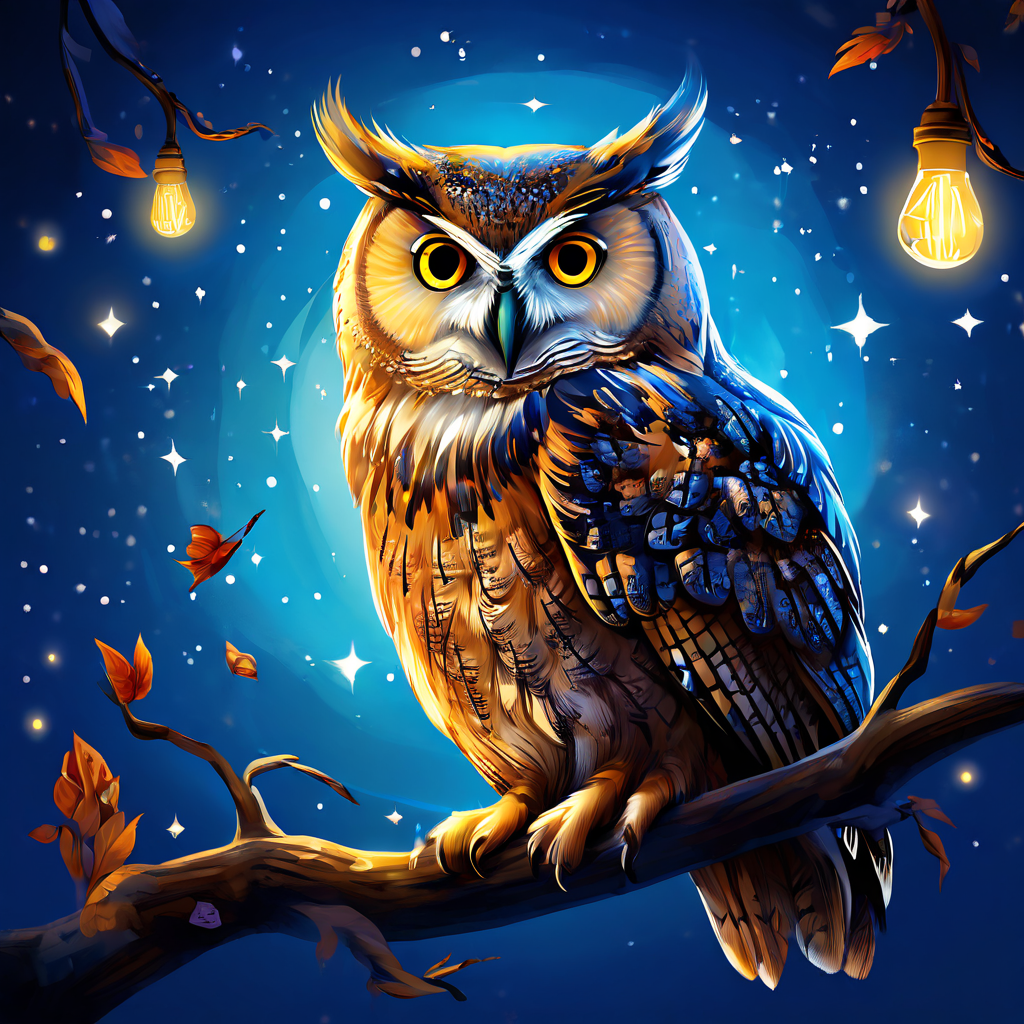 지혜로운 올빼미가 빛나는 전구 가지에 앉아 별이 총총한 밤하늘을 배경으로 깨달은 기쁨과 고요함을 발산하며 미소 짓고 있는 모습을 담은 이미지입니다.