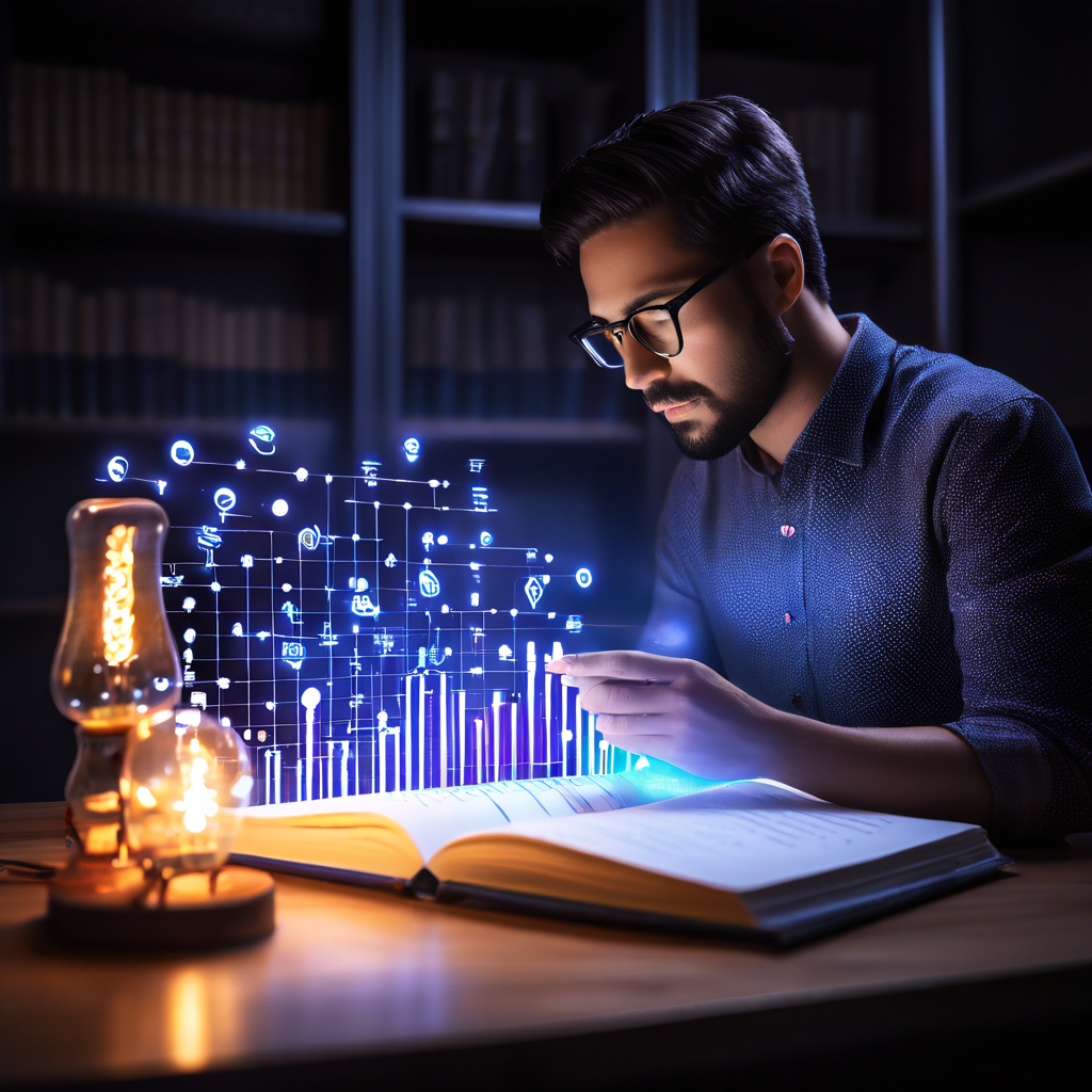 일지를 펼쳐 기록된 데이터 차트를 분석하는 과정에서 개인이 깨달음을 얻고 새로운 아이디어가 떠오르는 순간을 형상화한 이미지입니다.