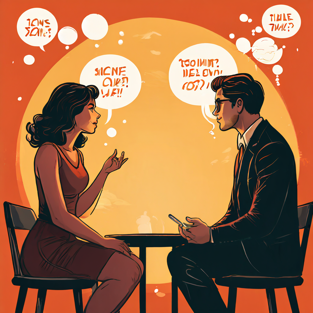 두 사람이 평온한 대화를 나누고 있지만 말풍선 속 생각은 서로의 말을 완전히 다르게 해석하는 갈등 상황을 표현한 일러스트입니다.