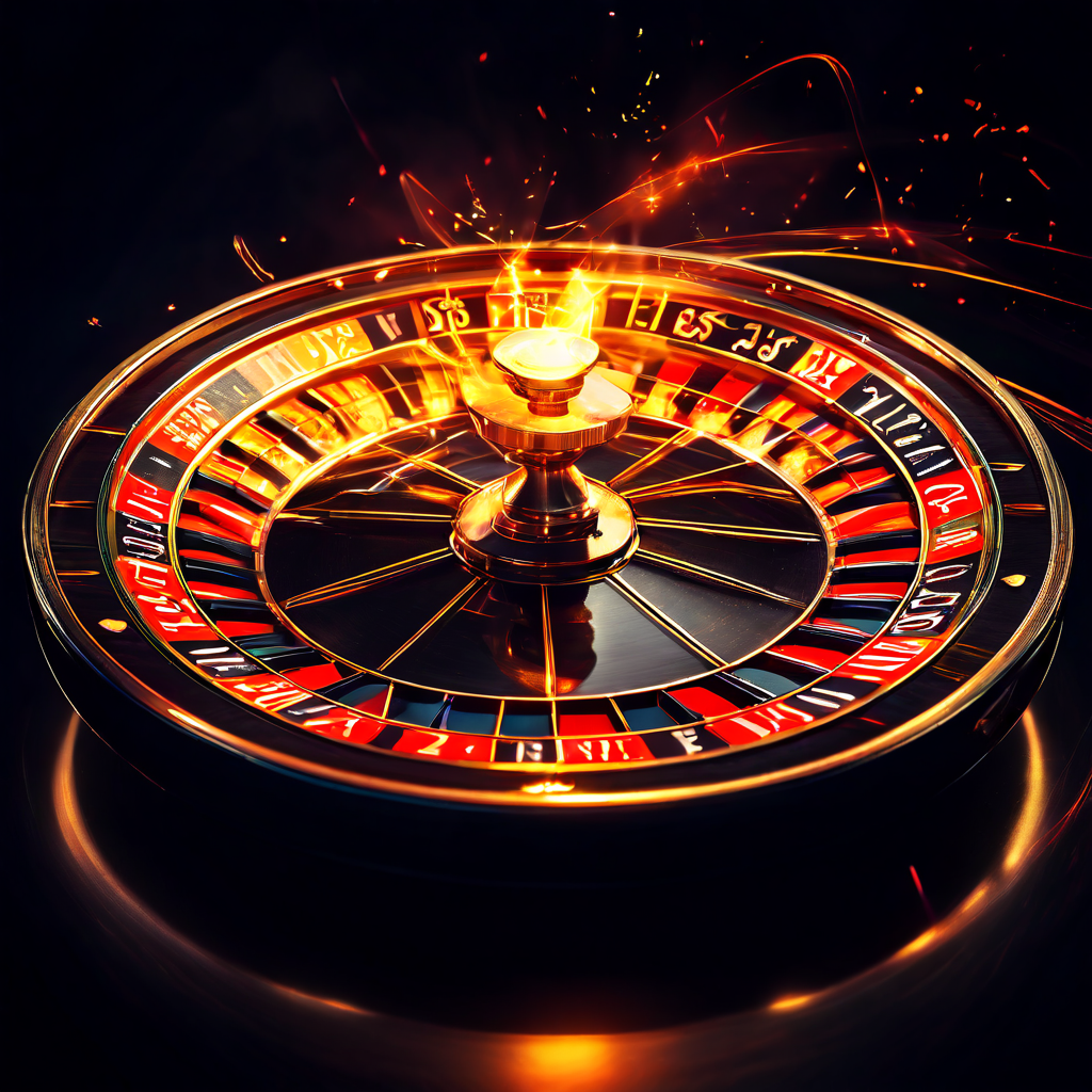 돌아가는 룰렛 휠이 단순한 물리적 운동을 넘어서 확률과 우연의 빛나는 흔적을 남기며 운명의 균형을 보여주는 이미지입니다.