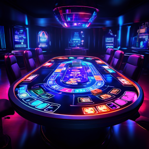 고급 라이브 카지노 테이블 위 홀로그램 카드와 데이터 스트림이 첨단 기술을 기반으로 시장을 선점하고 독점하는 핀테크 비즈니스 모델의 구현과 성공을 상징적으로 보여줍니다.