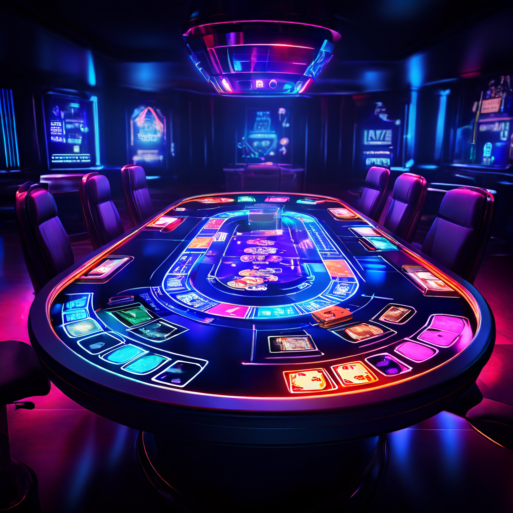 고급 라이브 카지노 테이블 위 홀로그램 카드와 데이터 스트림이 첨단 기술을 기반으로 시장을 선점하고 독점하는 핀테크 비즈니스 모델의 구현과 성공을 상징적으로 보여줍니다.