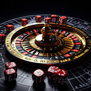 계산된 확률과 무작위적 현실의 대비를 강조하는 룰렛 휠과 주사위가 수학 공식 및 그래프와 함께 중첩되어 표현된 개념 설명 이미지입니다.