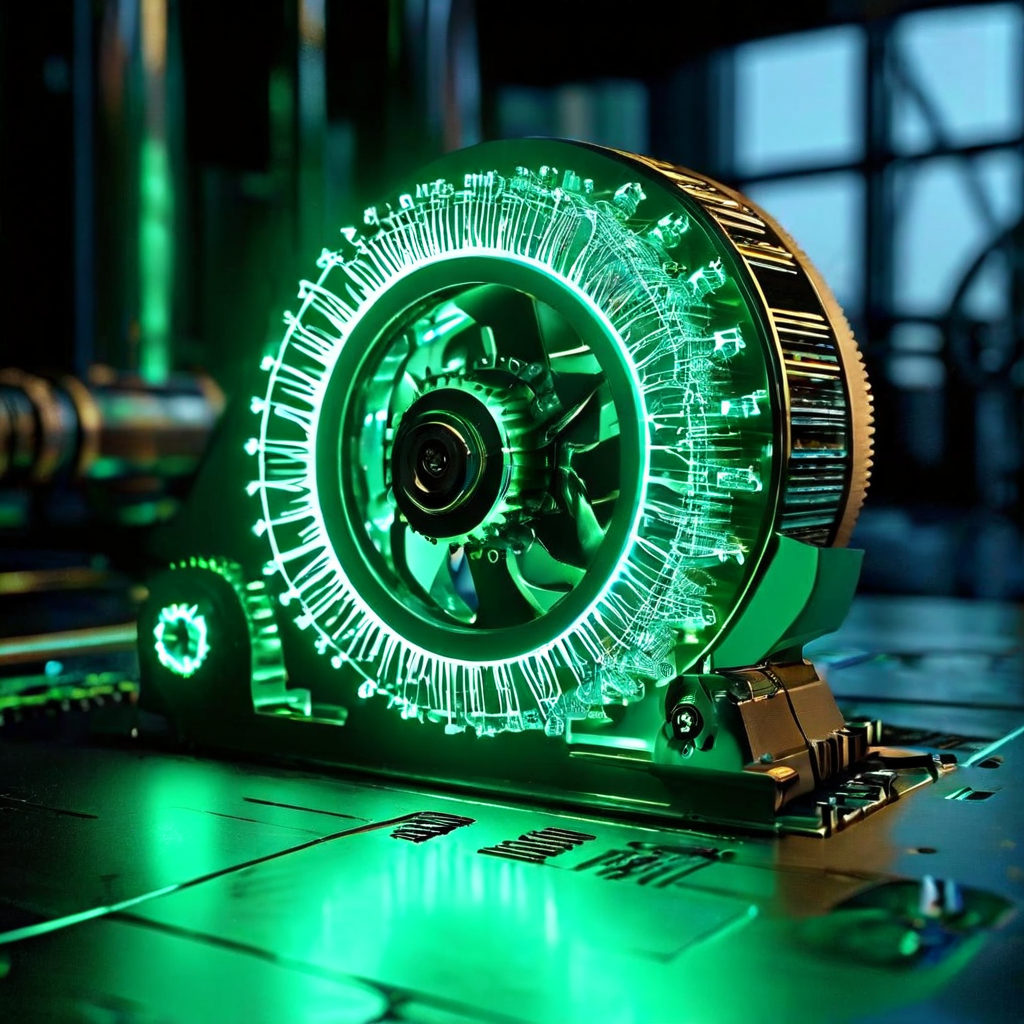 녹색 에너지로 작동하는 통합 솔루션이 마케팅 도구의 영구적 가동 시스템을 부드럽게 구동하는 메커니즘을 상징적으로 표현한 개념 이미지입니다.