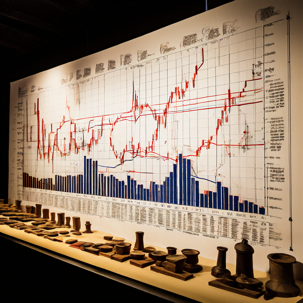 고대 두루마리를 분석하는 학자와 현대 데이터 그래프를 나란히 비교하며 역사적 타임라인에서 나타난 급격한 데이터 상승을 연구하는 모습을 담은 이미지입니다.