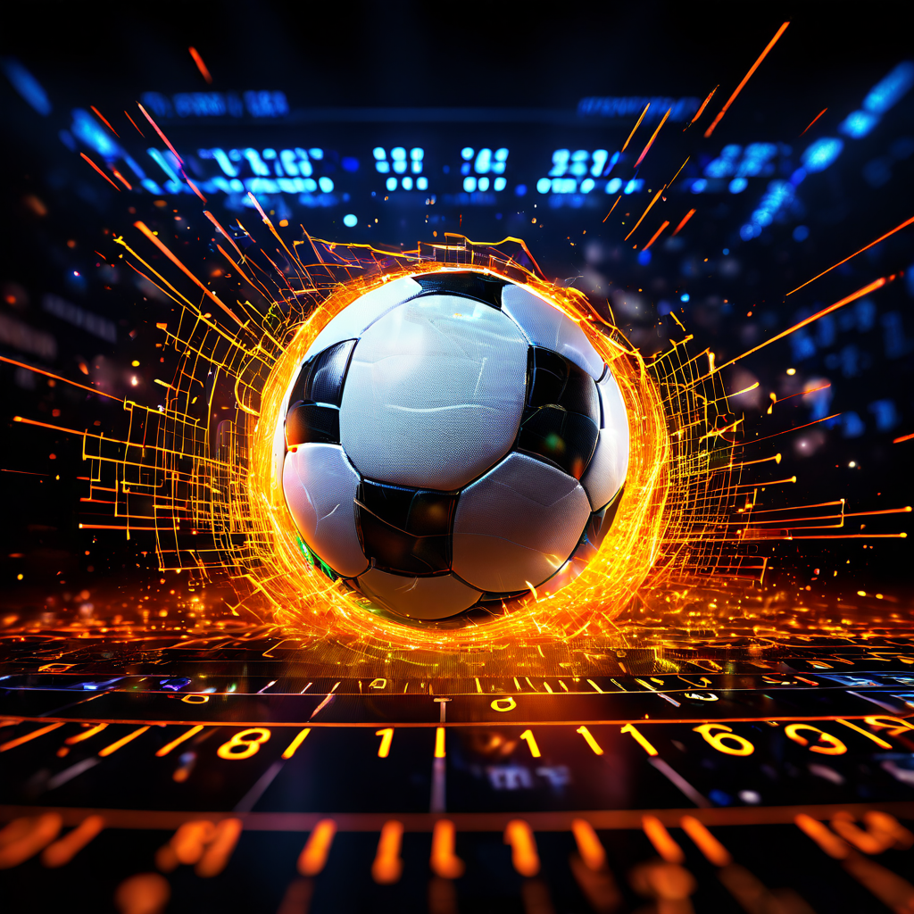 축구공이 네트를 갈라낸 순간 주변 금융 배당률 게시판이 빛나는 숫자와 그래프로 가득 채워지는 장면으로, 스포츠 경기의 결정적 순간이 시장의 흐름에 미치는 영향을 상징적으로 표현하고 있습니다.