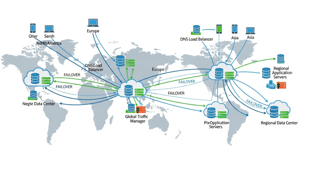 북미, 유럽, 아시아를 연결하는 DNS 로드 밸런서와 페일오버 시스템이 포함된 글로벌 네트워크 인프라 다이어그램