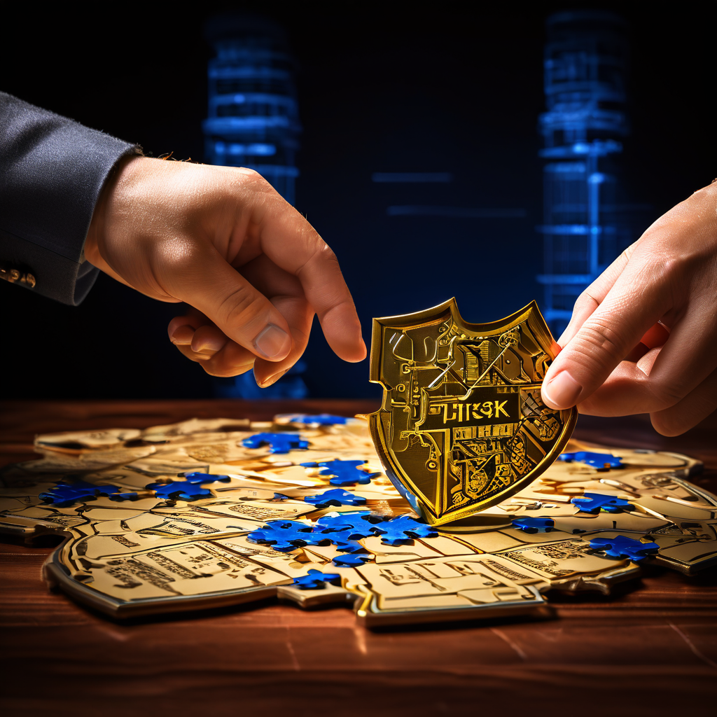 위험 관리를 의미하는 방패 퍼즐 조각을 배당금을 상징하는 금화 퍼즐 조각과 연결하며 전략적 성과를 완성하는 손의 모습이 전략 계획서 위에 표현되어 있습니다.