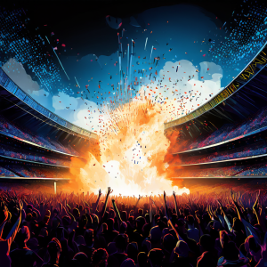 상승하는 확률 그래프가 경기장 확성기에서 쏟아지는 숫자 티커 테이프와 함께 열광하는 군중의 얼굴로 변환되어 스포츠 도박의 흥분과 통계적 가능성을 시각적으로 표현한 이미지입니다.