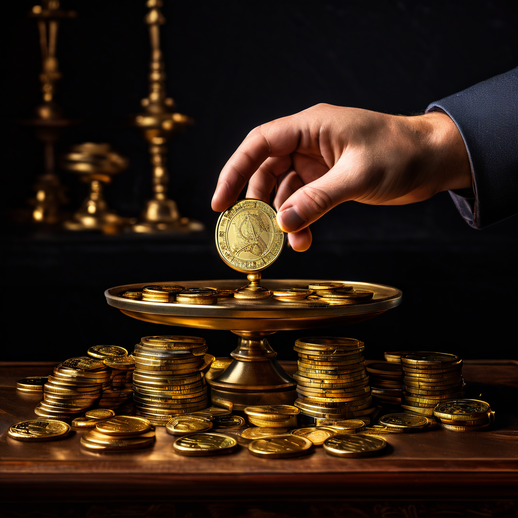 도박사가 전략적으로 배팅한 금화 무게추를 양쪽 저울접시에 올려 저울의 균형점을 조정하는 손을 통해 위험과 수익의 확률을 계산하는 모습을 상징적으로 묘사한 이미지입니다.