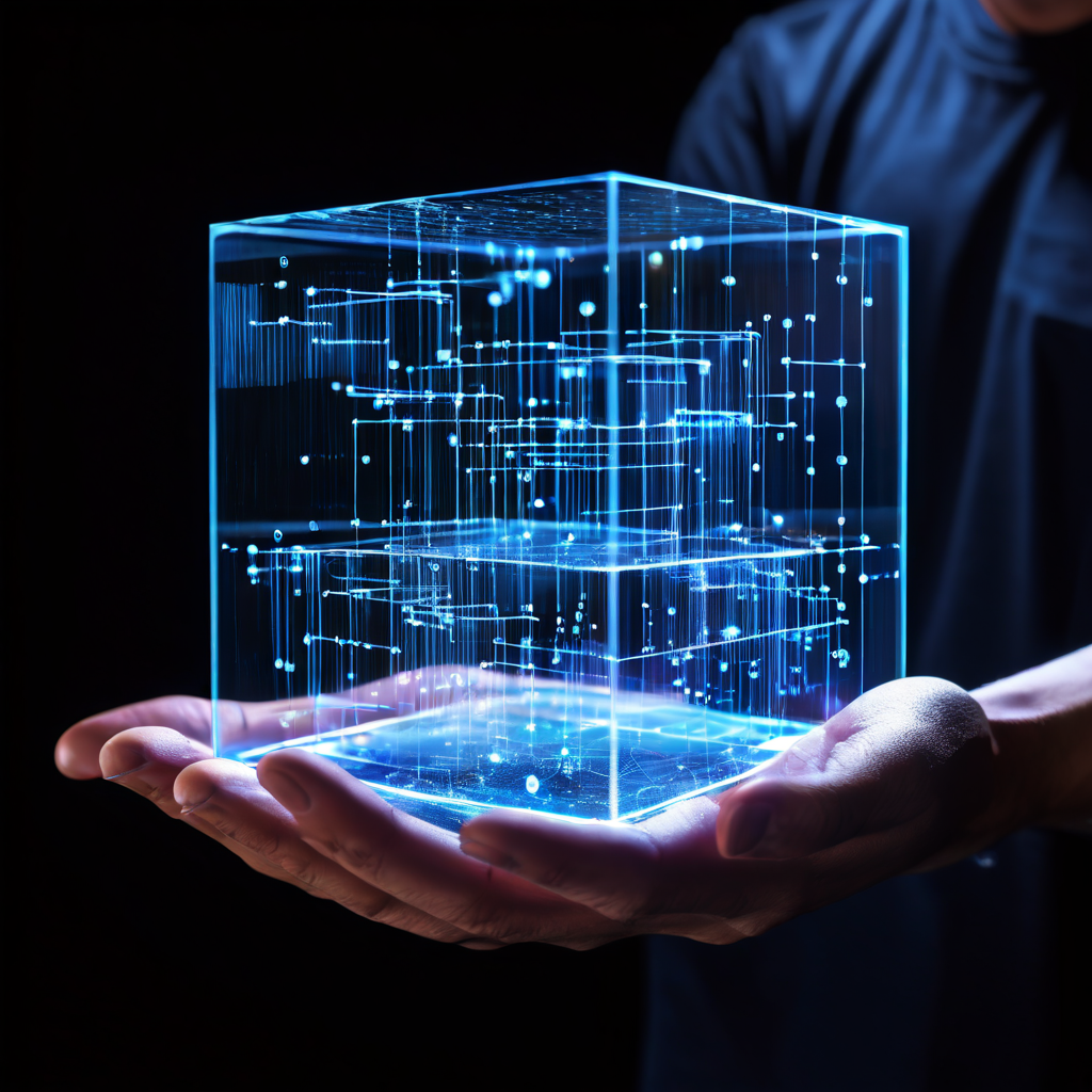 데이터 흐름의 다양한 패턴을 분석하기 위해 손으로 조정되는 투명 큐브를 여러 각도에서 살펴보는 데이터 시각화 개념을 나타냅니다.