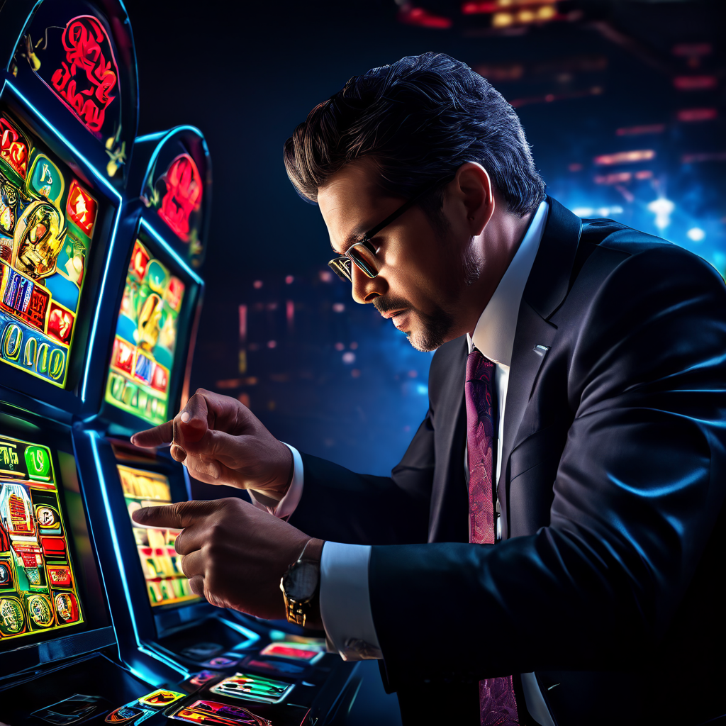 위험을 무릅쓰는 도박과 신중한 재무 계획의 대조를 보여주며, 차트를 가리키는 엄격한 재무 상담사와 화려한 슬롯머신 앞에서 망설이는 도박꾼의 모습이 전략적 투자와 무모한 투기의 선택을 상징적으로 묘사합니다.