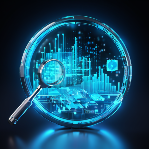 블록체인 원장에서 USDT 거래 데이터를 확대경으로 검증하는 과정을 상징적으로 표현하여 암호화폐 거래의 정확성과 보안의 중요성을 강조하는 이미지입니다.