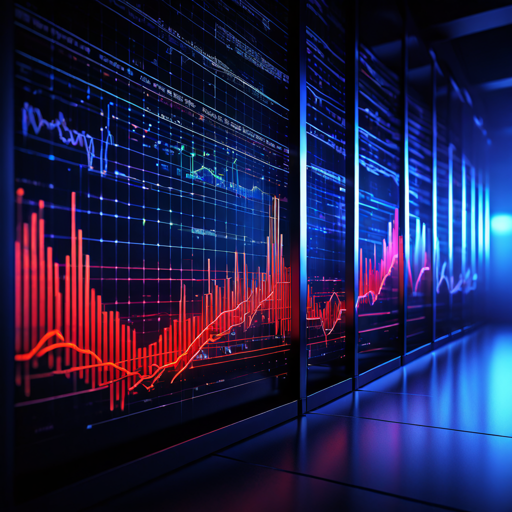 서버실을 배경으로 서버 운영 데이터의 속도가 급격하게 변동하는 동적인 라인 그래프가 시스템의 실시간 성능 모니터링 상황을 시각화하고 있습니다.