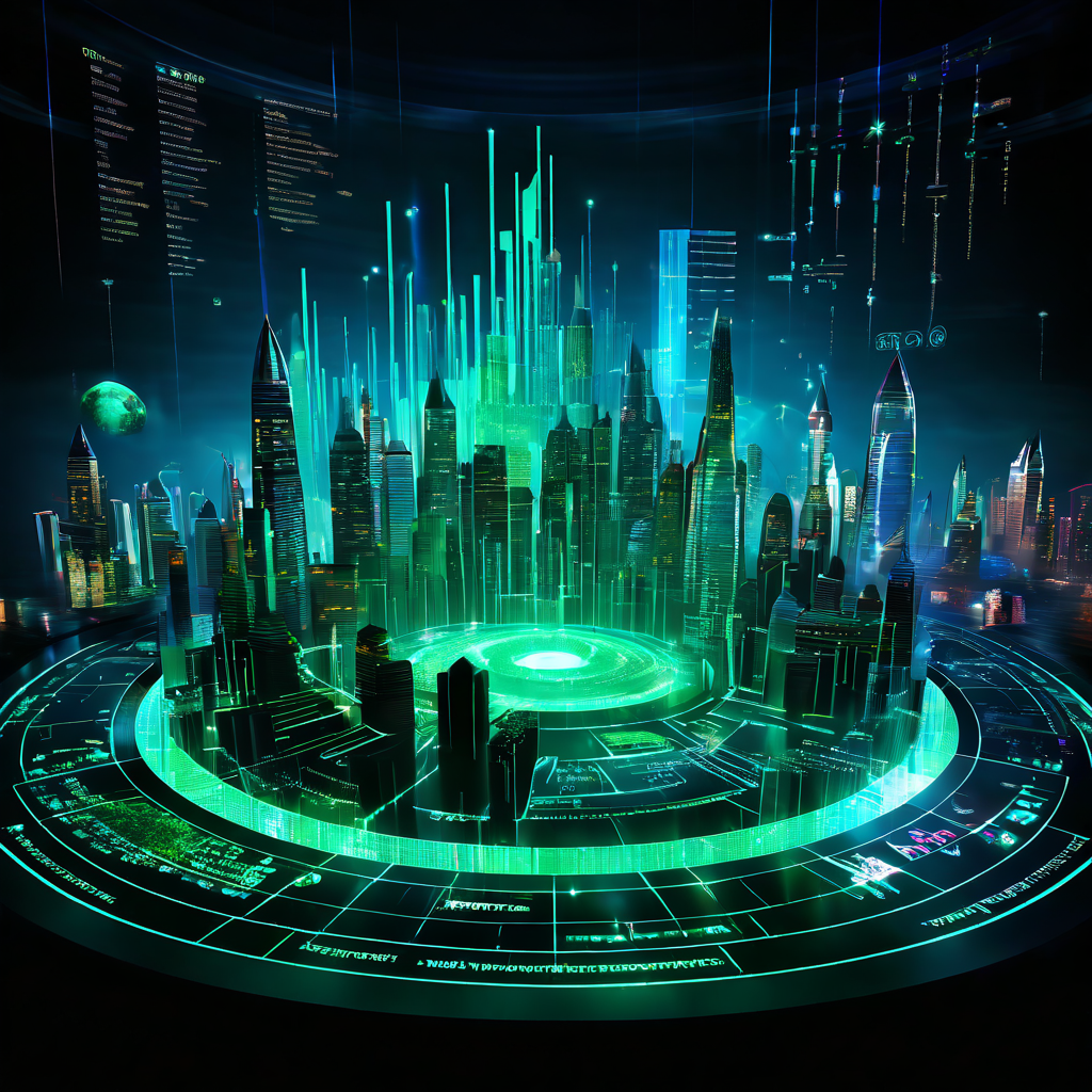 마법사의 시선으로 본 에메랄드 성 모양의 홀로그램 데이터 랜드스케이프가 변동하는 차트와 그래프를 중심으로 맥동하며 시각화된 정보를 전달합니다.