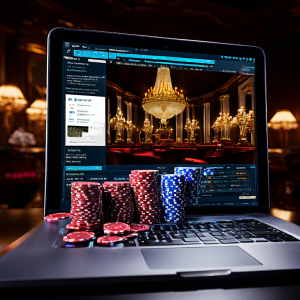 Professional baccarat dealer hands organizing casino chips and cards on green felt table with blurred laptop and monitoring screen