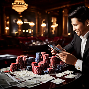 A shallow focus photograph of a casino baccarat table with a smartphone lying next to scattered chips and playing cards, while a b