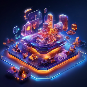 Abstract digital composition of layered interface tiles and data paths before a table list loads in an online casino solution.