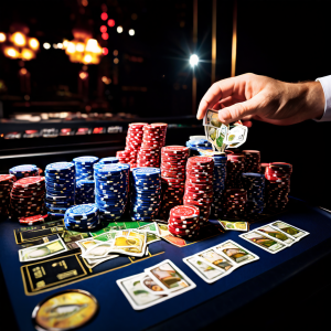 Documentary style photograph of a casino table with blurred felt, scattered chips, and a dealer’s hands stacking cards, with a lap