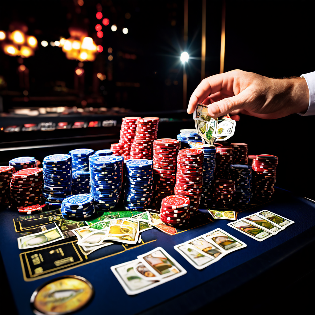 Documentary style photograph of a casino table with blurred felt, scattered chips, and a dealer’s hands stacking cards, with a lap