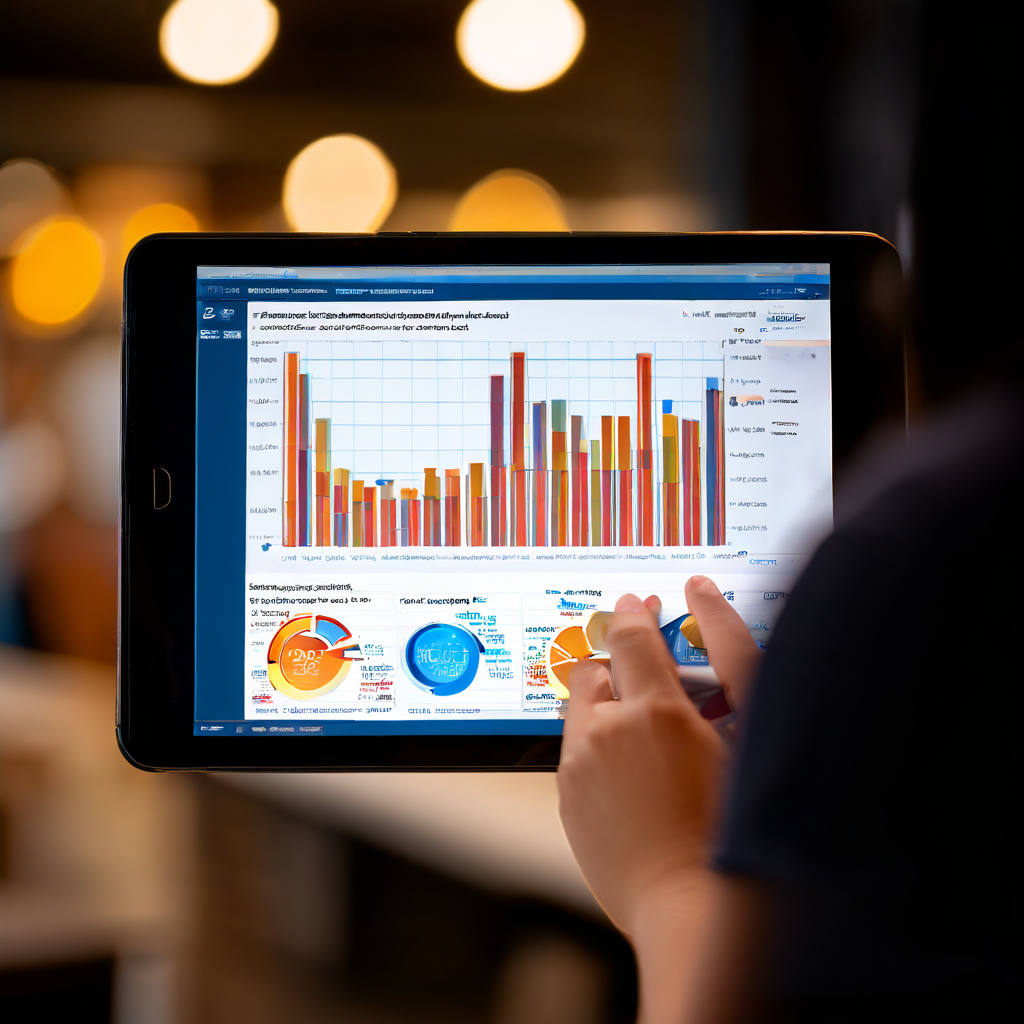 A professional editorial photograph focusing on a laptop keyboard in a softly lit office environment, with a blurred data dashboar