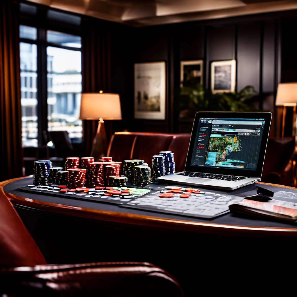 Photorealistic shot capturing a player’s hand hovering over a sleek laptop beside a casino felt table, with blurred chips and card