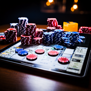 Returning player's hand hovering over freshly dealt chips on green felt, blurred laptop in background showing updated interface mo
