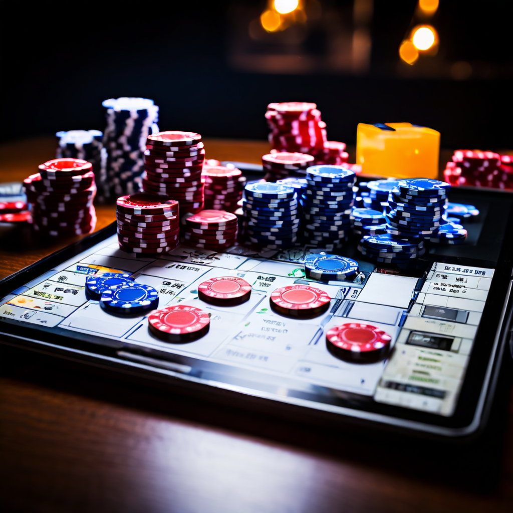 Returning player's hand hovering over freshly dealt chips on green felt, blurred laptop in background showing updated interface mo