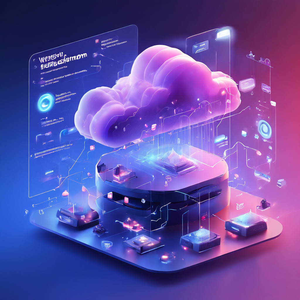 A futuristic SaaS platform interface showing connected cloud infrastructure, secure data flow layers, and session overlap...